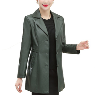 西装 修身 PU皮风衣贵夫人时尚 中年妈妈秋冬外套妇女皮衣洋气中长款