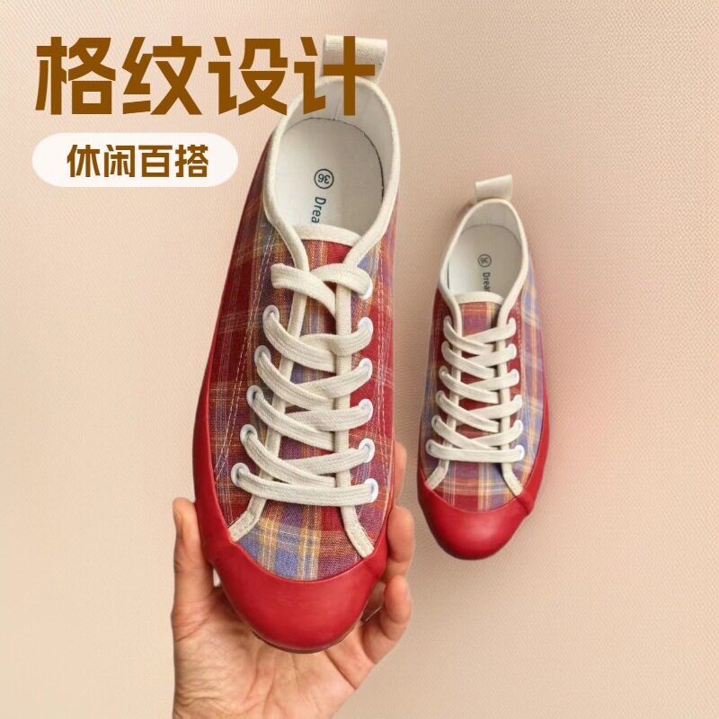 复古红色格子低帮鞋女春秋小众原创布鞋女鞋子透气英个性休闲个性