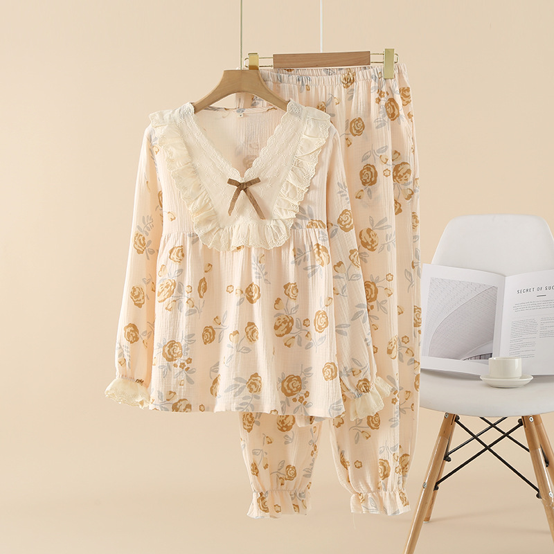 日系蕾丝花边睡衣女纯棉纱布套头收口长袖长裤春夏薄款家居服