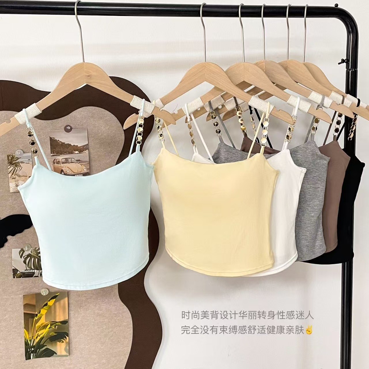 夏季衣架款韩系纯欲修身短款上衣甜辣妹多巴胺带胸垫吊带背心