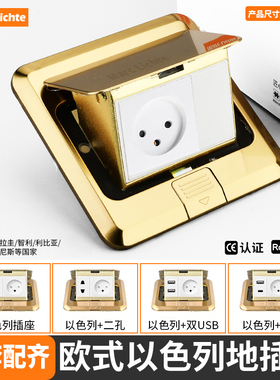 快弹TypecUSB带双位三地16A插加沙以色列欧规不锈钢圆孔开关金色