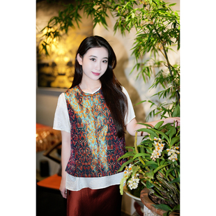 蓝大原创女装 桑蚕丝蜀锦马甲外套7819 国潮百搭圆领单排扣大码