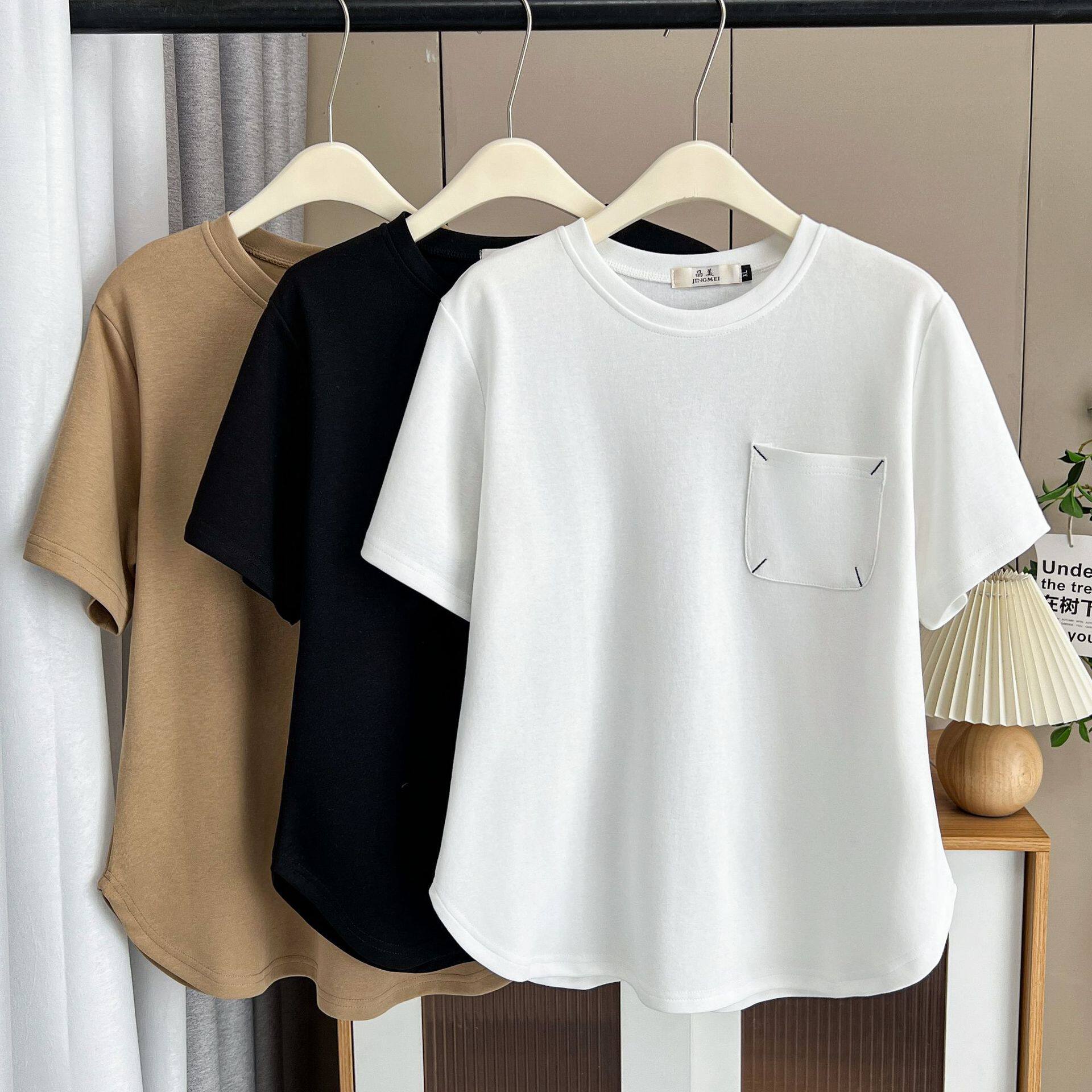 여름 여성용 뚱뚱한 MM 솔리드 컬러 반팔 티셔츠 200 파운드 대형 심플 다용도 포켓 느슨한 배 덮는 어깨 탑