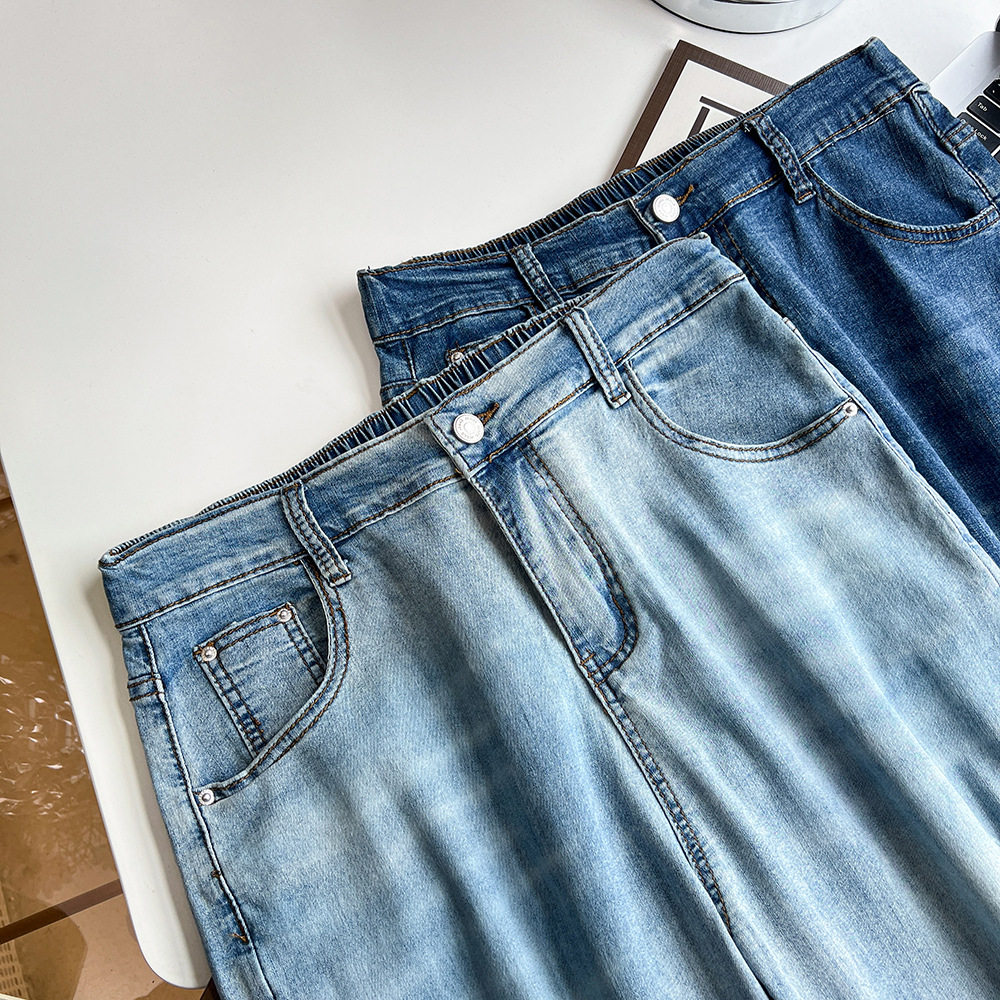 여성용 대형 데님 하렘 바지 여름 얇은 200 파운드 지방 MM 하이 웨이스트 신축성 슬리밍 찢어진 스트레이트 9 점 바지