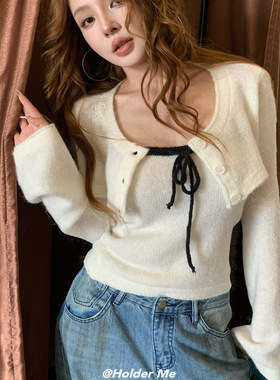 HOLDER秋季新韩国辣妹设计感绑带抹胸显瘦长袖开衫毛针织衫两件套