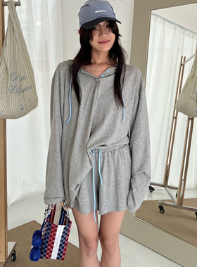 chroom西瓜夏季后背交叉镂空连帽长袖防晒上衣松紧腰短裤休闲套装