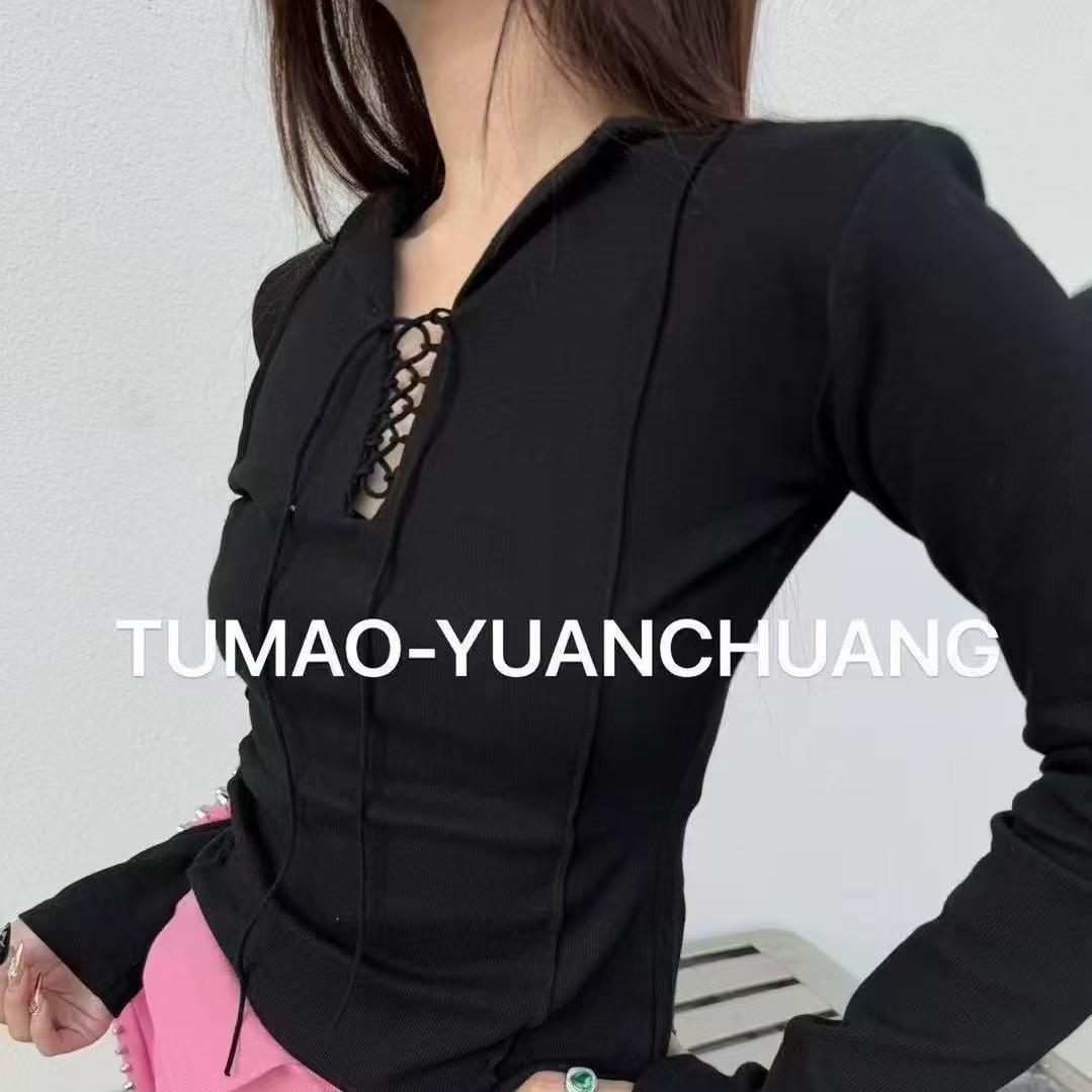 TUMAO土猫家秋季新款时尚设计感绑带V领辣妹弹力修身打底长袖T恤