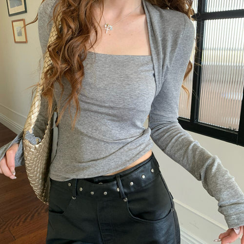 韩系假两件长袖T恤女春季