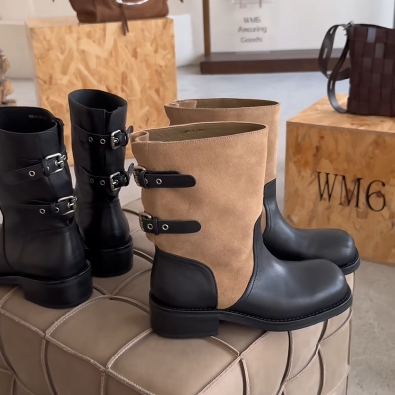 WM6真皮女靴粗跟套筒马丁靴