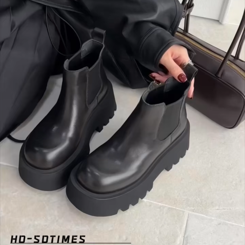 欧洲站真皮女靴套筒马丁靴厚底