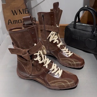 断码福利特价WM6 德训靴平底内增高马丁靴女拳击靴系带牛皮短靴