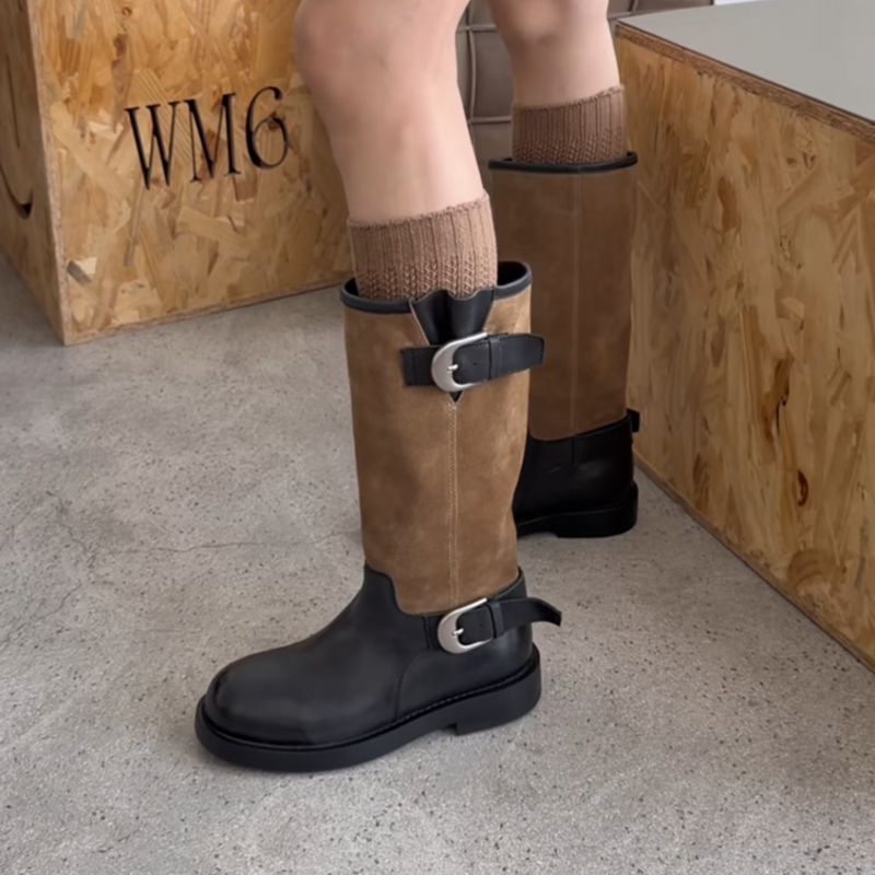 WM6 真皮女靴拼色皮带扣马丁靴2025年冬季新款套筒中筒圆头骑士靴,女鞋,马丁靴,淘宝优惠券,粉丝福利购,淘宝优惠卷