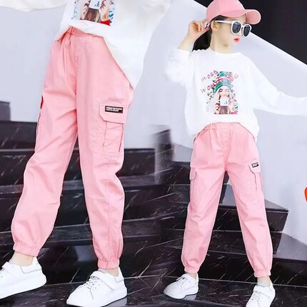 女童裤子春秋款2026新款儿童宽松纯棉中大童长裤女孩洋气工装裤潮
