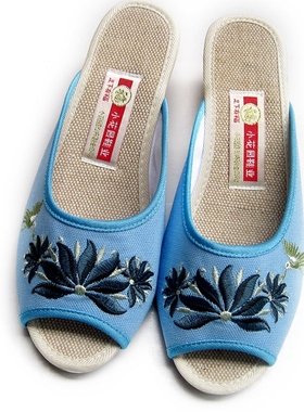 新款足下有福绣花鞋女鞋凉鞋鱼嘴鞋高跟拖鞋蓝色B708