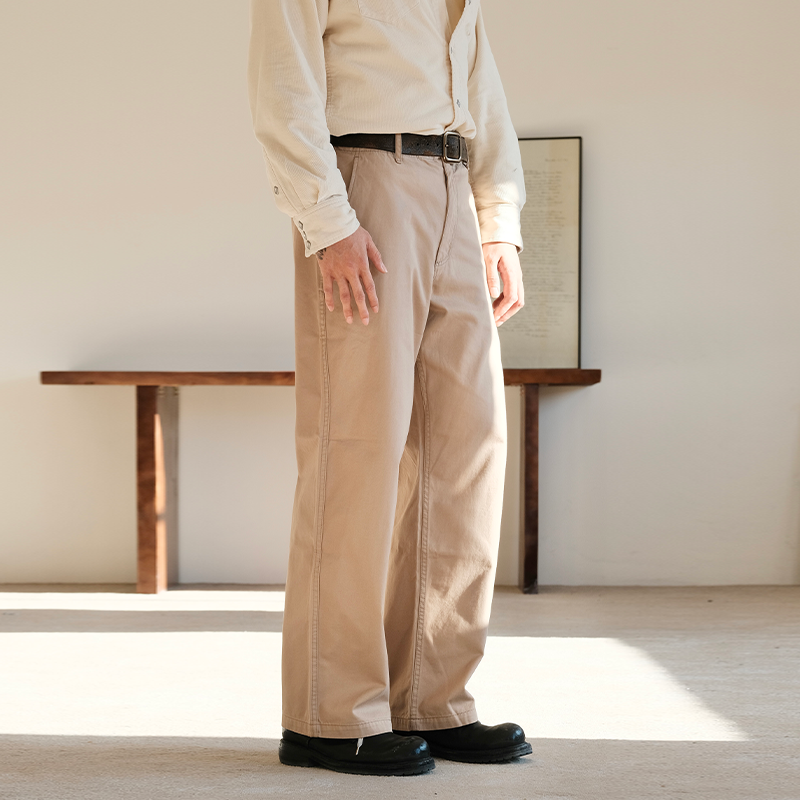 美式做旧纯色立体剪裁直筒长裤