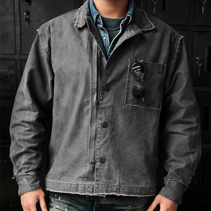 水洗手工磨边做旧长袖夹克衬衫