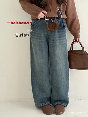 特价品牌童装25冬超厚羊羔绒牛仔裤儿童裤子中童女童浅蓝蝴蝶结