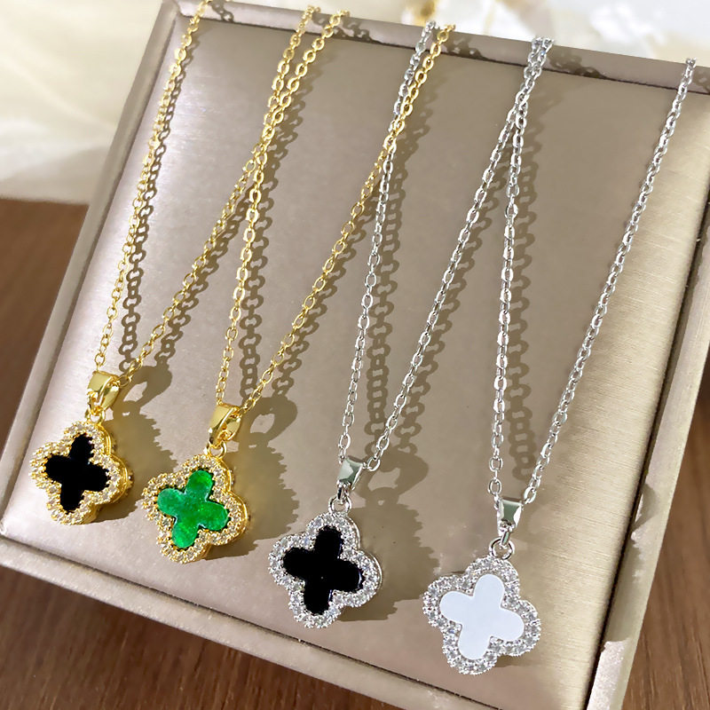 新款钛钢四叶草满钻项链女双面设计感18金色百搭锁骨链高品质饰品