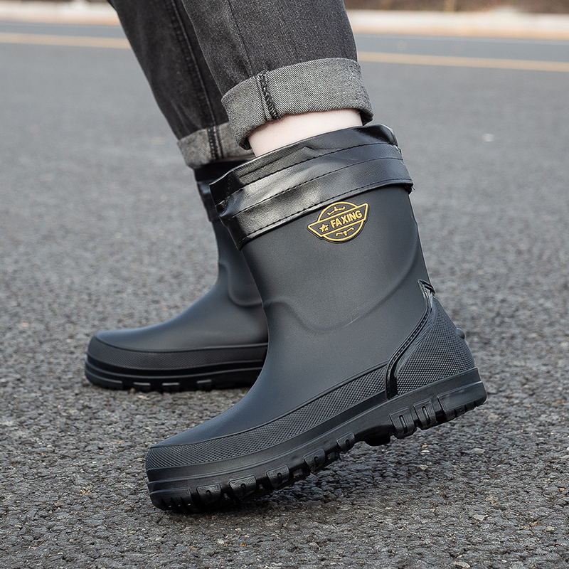 雨鞋男款成人防滑加棉绒中筒胶鞋时尚加厚青少年束口雨靴厨房水鞋