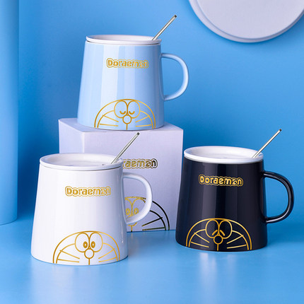 正版授权哆啦A梦烫金款马克杯带盖勺陶瓷水杯杯子咖啡杯伴手礼