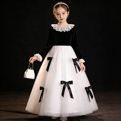 女童黑色丝绒公主演出晚礼服