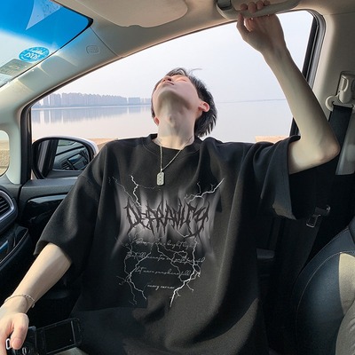 字母闪电印花短袖男款夏季潮牌痞帅炸街黑色t恤纯棉美式高街半袖