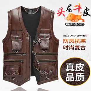 头层牛皮多兜春秋冬休闲真皮马甲中老年户外男士登山背心记者坎肩