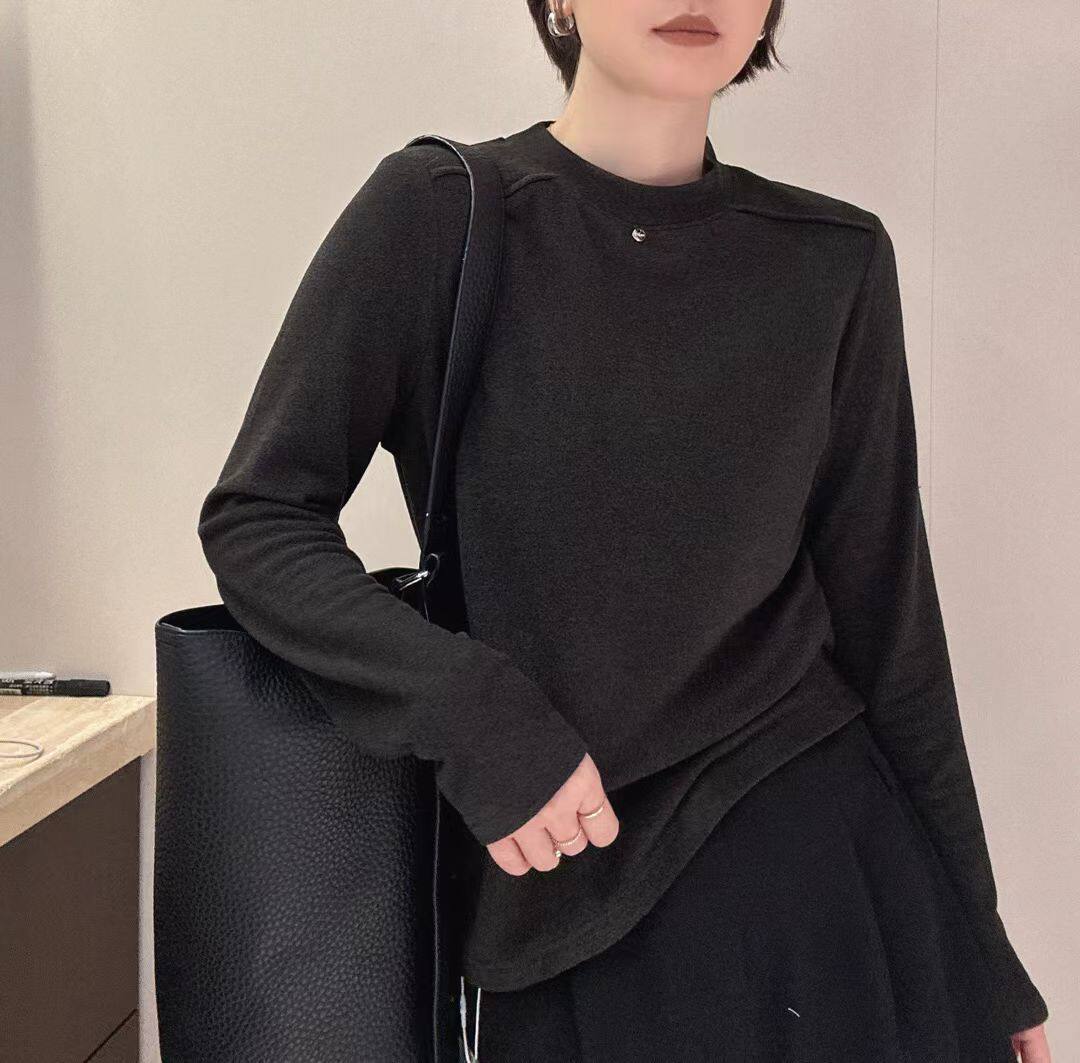 壹彩6605设计感明线圆领长袖T恤女2025冬弹力高端羊绒打底衫上衣