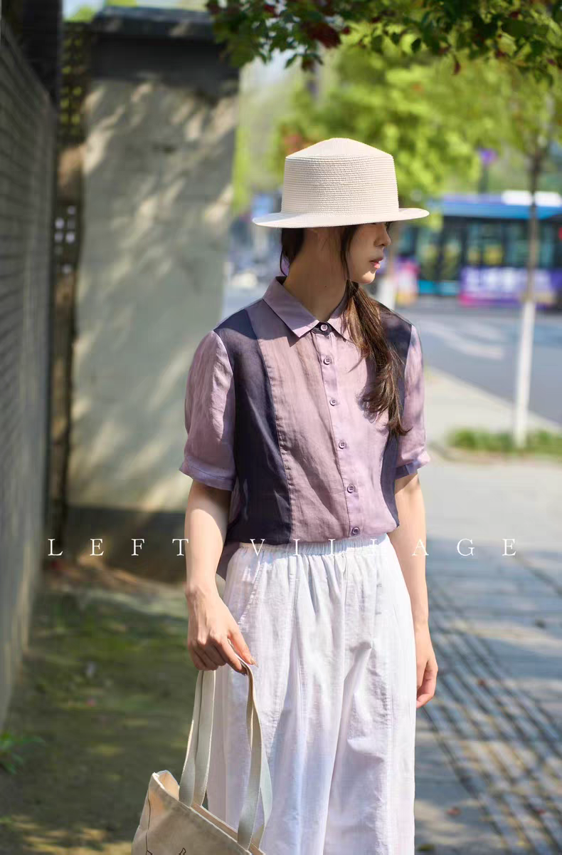 左村新款韩版苎麻宽松显瘦百搭翻领拼色短袖衬衫女休闲上衣