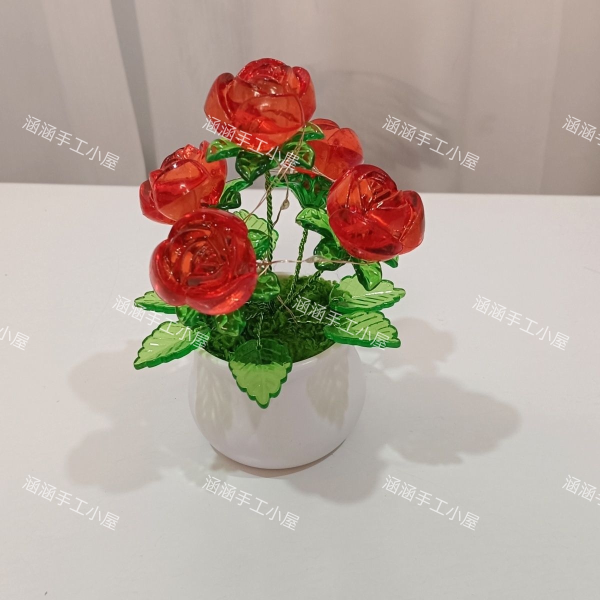 成品  手工编织迷你玫瑰花小盆栽花束含花蕊简约点缀家居装饰花束