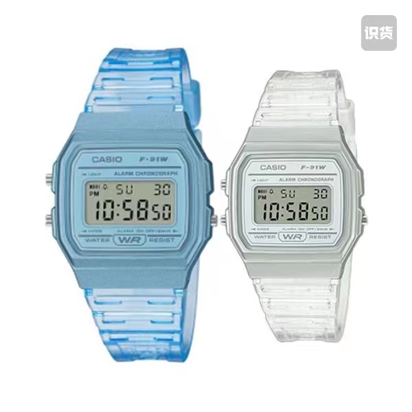 卡西欧透明蓝果冻色复古小方块男女情侣电子手表f-91ws-7 f91wm