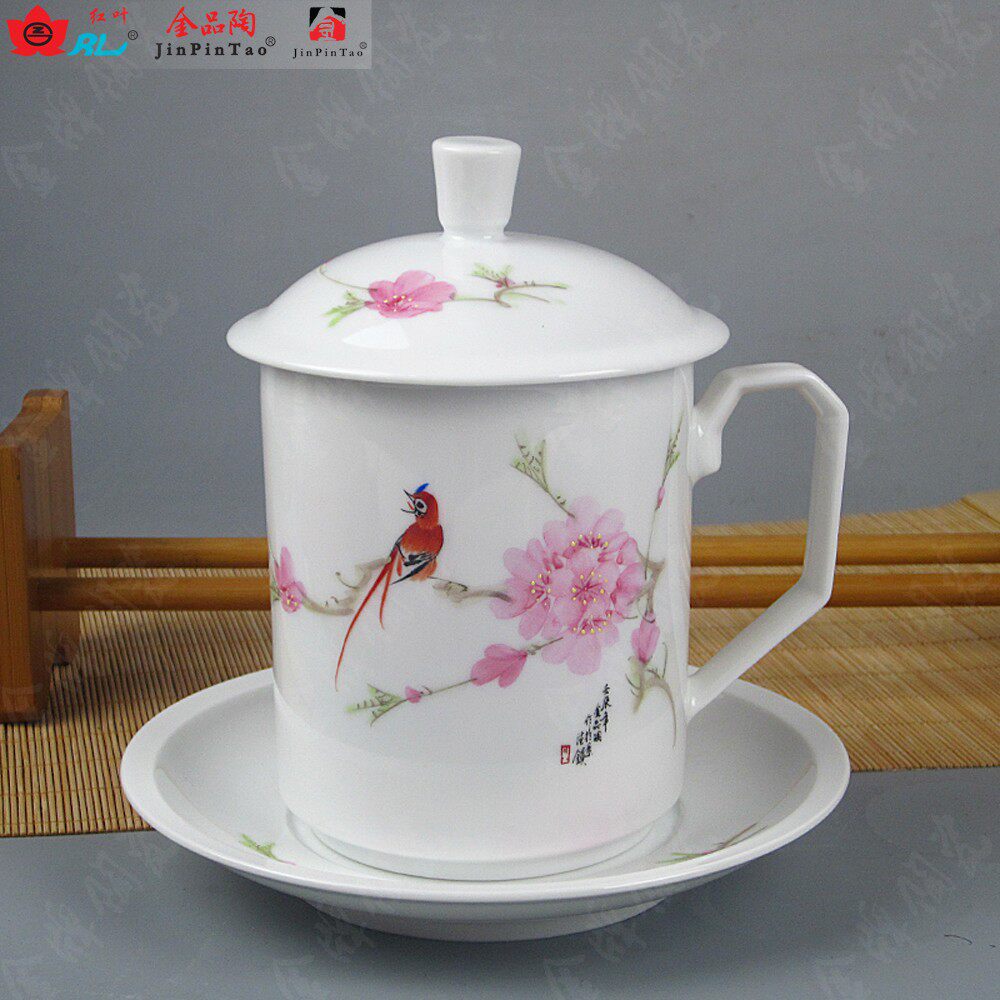 景德镇金牌陶瓷 瓷器会议办公茶具水杯茶杯子 双层杯碟 水点桃花