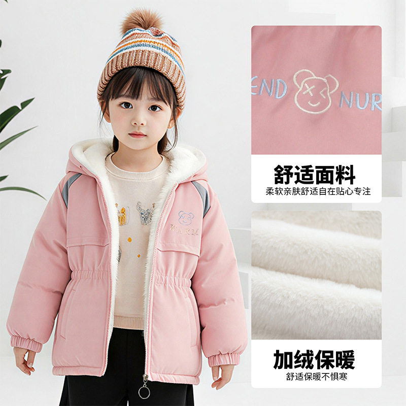 女童秋冬加绒加厚连帽收腰风衣