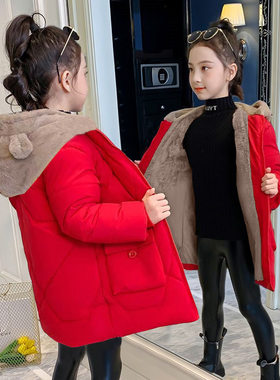 女童秋冬加绒加厚中长款棉服