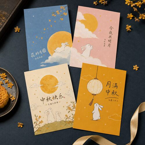 中秋贺卡公司礼品盒装饰小卡片蛋黄酥烘焙糕点包装祝福手写留言卡