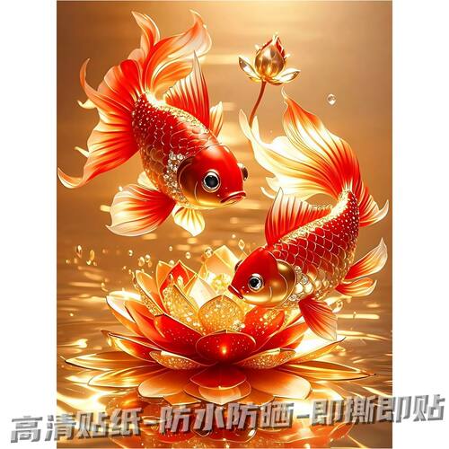 流光荷花宝石锦鲤招财风景贴纸客厅餐厅玄关书房装饰自不干胶贴纸
