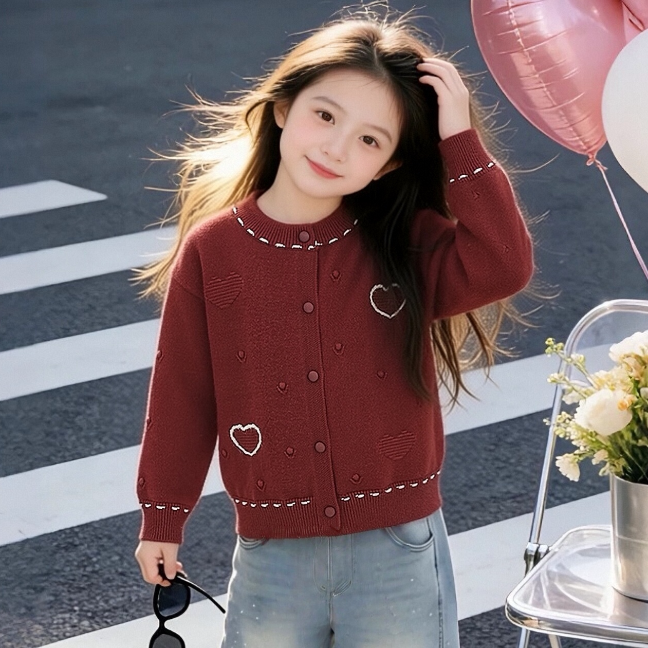 女童春秋季时尚洋气爱心针织开衫2026中大童女孩春装百搭毛衣外套