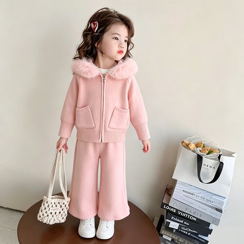 女童春秋冬款针织套装2026新款韩版洋气连帽拉链开衫直筒裤两件套