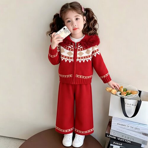 女宝宝毛衣开衫连帽费尔岛毛线裤套装两件套过年红色洋气外套小童
