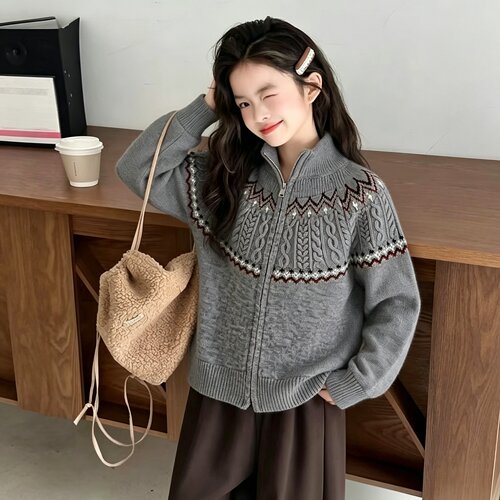 女童拉链针织开衫春秋2026新款甜美费尔岛毛衣外套加厚打底衫冬装