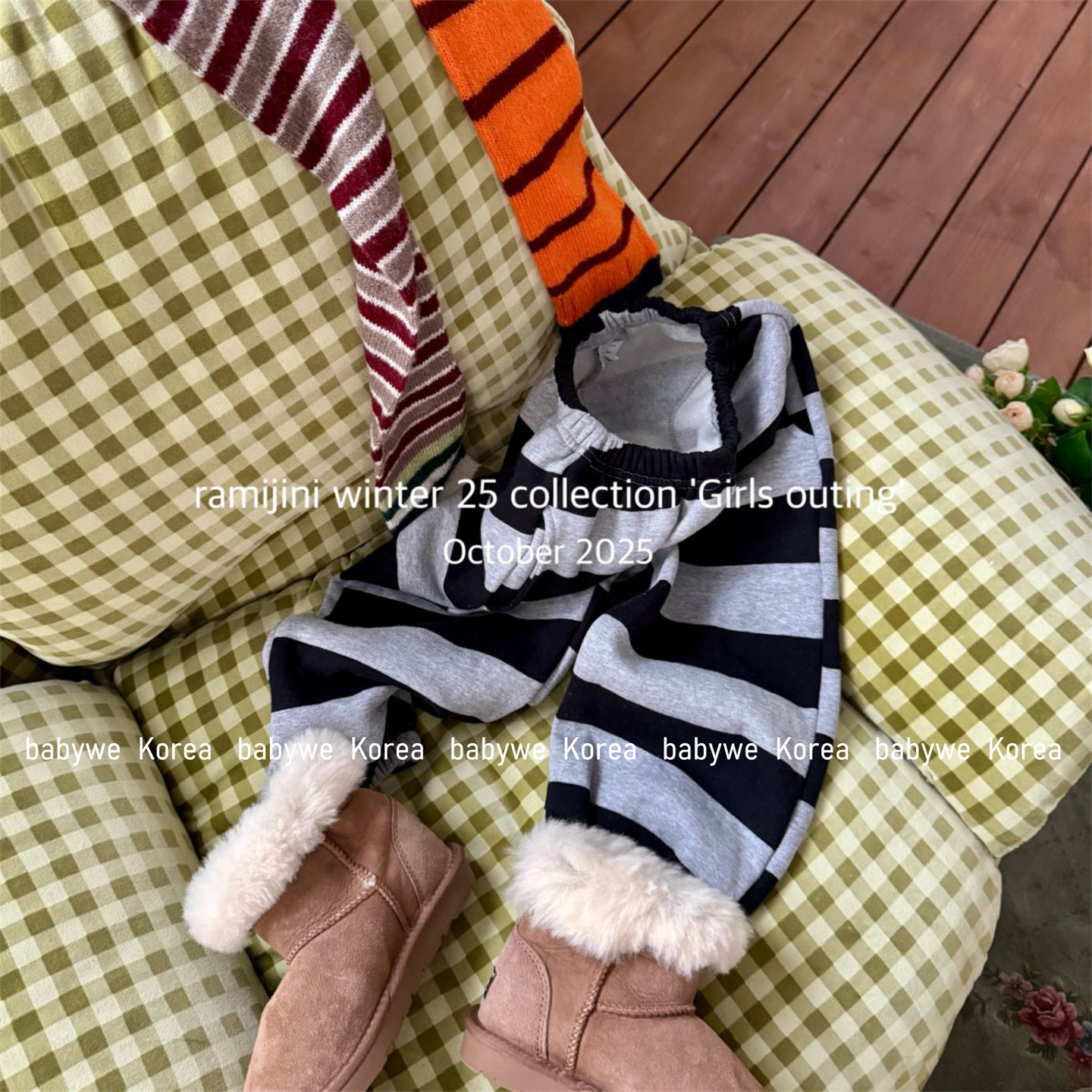 Ramijini冬季黑灰宽条纹加绒卫裤