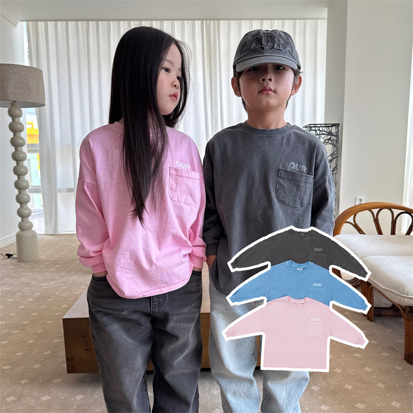 OUR▶BabyWe韩国代购儿童秋季砂洗纯棉手缝特质口袋LOGO长袖T恤