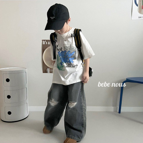 UR▲BabyWe韩国代购童装秋季儿童砂洗破洞宽松拼色墨色牛仔裤长裤
