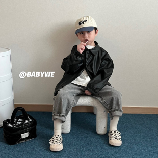 peanut▲BabyWe韩国代购童装男童翻领洋气薄款皮衣外套女童皮风衣