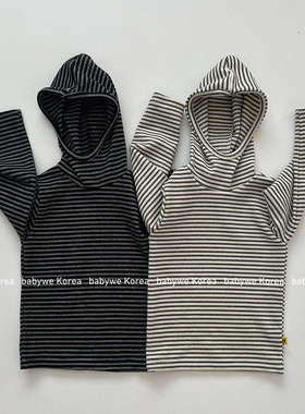 GOU▲BabyWe韩国代购25冬季新款亲子款条纹连帽内搭长袖t恤