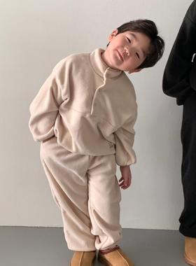 Lewan▲BabyWe韩国代购童装冬季保暖双面绒半扣立领束口卫裤套装