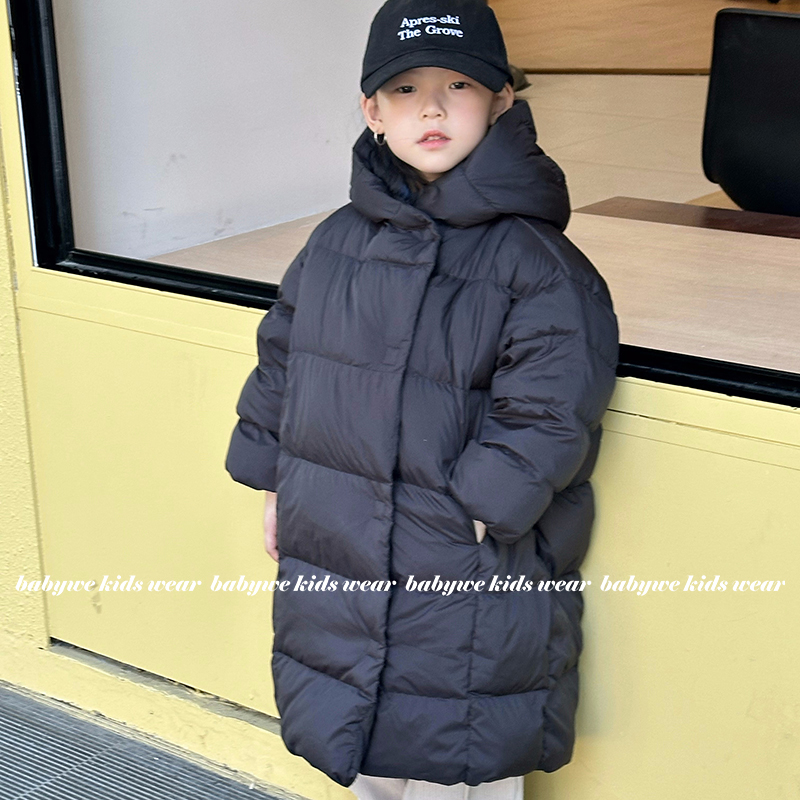 BabyWe童装冬季中长款高蓬松白鸭绒防风保暖过膝长款连帽羽绒服