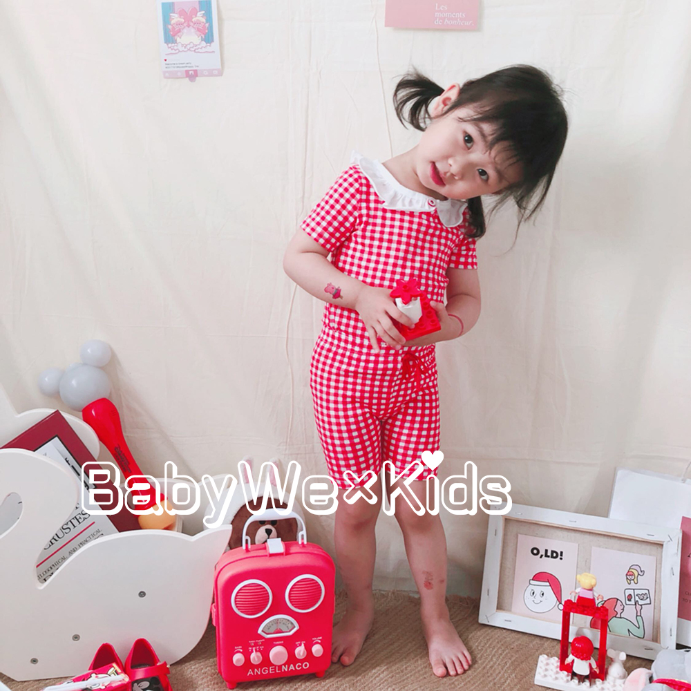 BabyWe韩国代购童装女童格子内衣儿童短袖短裤家居服睡衣套装薄款