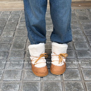 Namoo▲BabyWe韩国代购儿童冬季挡风装饰带一脚蹬低帮毛毛雪地靴