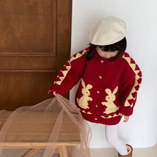 Melon▶BabyWe韩国代购冬季可爱兔子菱格儿童厚实毛衣开衫外套